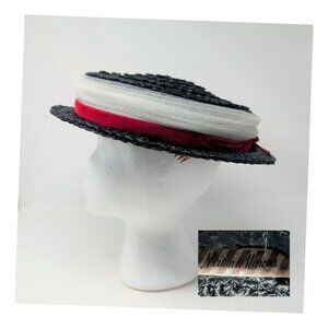 Vintage Neiman Marcus Black Hat 22 Sailor Boater Rattan Straw